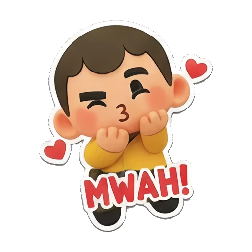 7. Boy blowing a kiss with hearts, Mwah text. Cheerful Yellow Boy Adventures sticker for expressive chats and social replies.