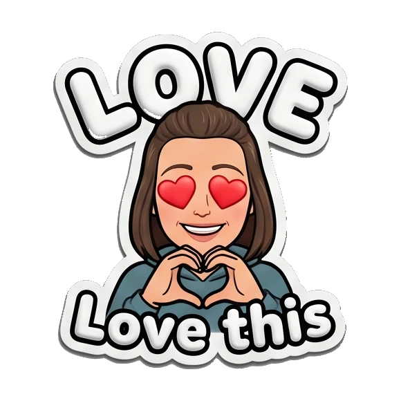 Young woman making a heart shape with hands and LOVE text. Playful Girl Daily Expressions sticker for expressive chats and social replies.