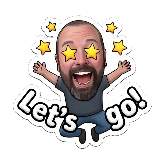 Bearded man jumping with star-shaped eyes in excitement. Bearded Guy Daily Vibes sticker for expressive chats and social replies.