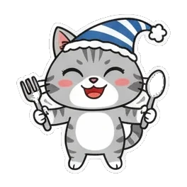 Gray tabby cat wearing nightcap holding fork and spoon Cheerful Gray Tabby Adventures sticker for expressive chats and social replies.