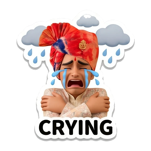 Young Indian boy crying under a rain cloud with sad expression. Indian Prince Expressions sticker for expressive chats and social replies.
