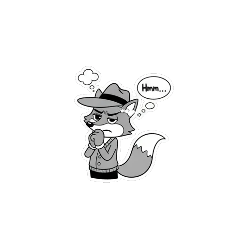 Detective fox thinking deeply with a speech bubble saying Hmm... Vintage Detective Fox sticker for expressive chats and social replies.