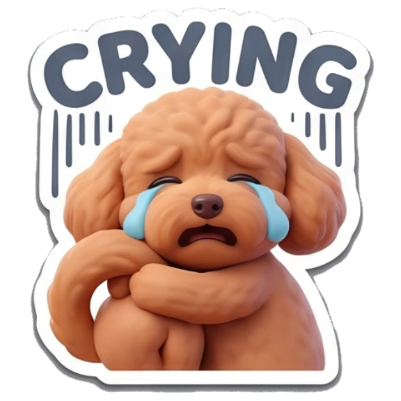 Poodle crying with blue tears streaming down. Poodle Pals Daily sticker for expressive chats and social replies.