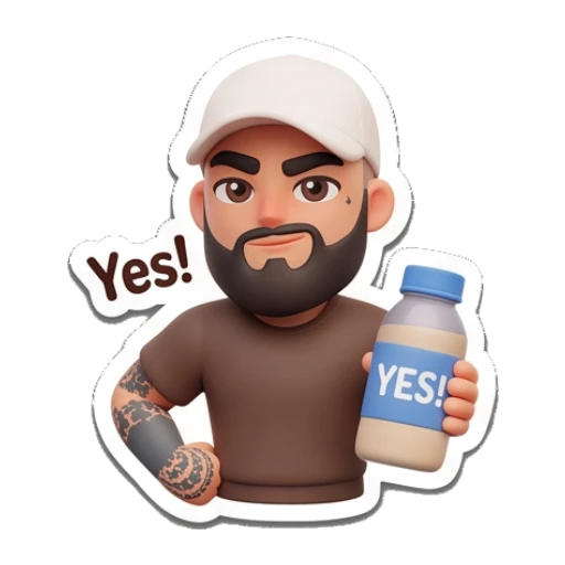 Man holding a protein shake, text 'Yes!' Gym Bro Daily Life sticker for expressive chats and social replies.