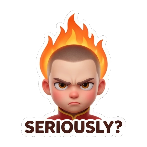 Pilot boy with fire on head, angry and serious expression. Cool Pilot Adventures sticker for expressive chats and social replies.