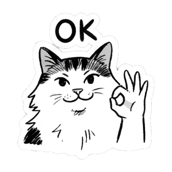 Cat making an OK gesture with paw, smiling, text OK Quirky Doodle Cat Moods sticker for expressive chats and social replies.