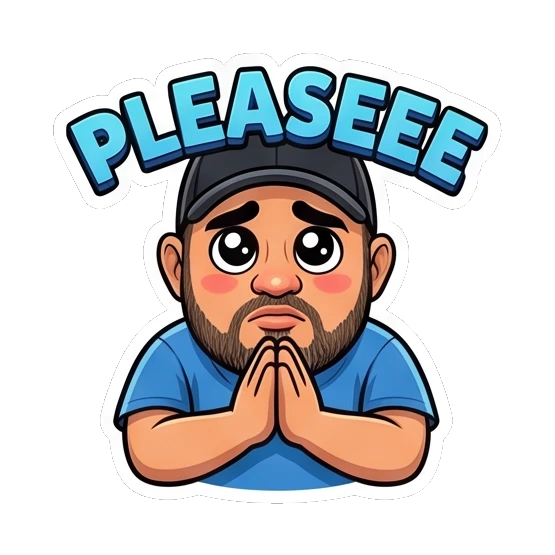 Bearded man pleading with hands together, 'Pleaseee'. Bearded Guy Daily Vibes sticker for expressive chats and social replies.