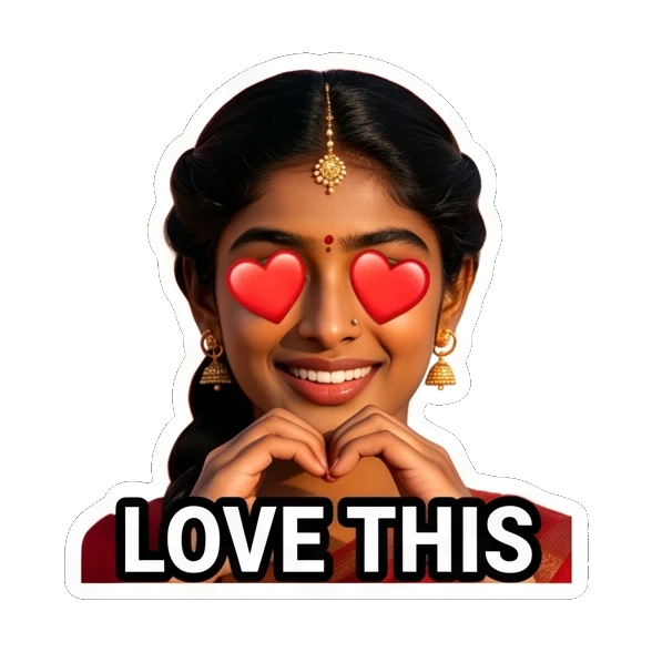 Happy Indian girl with heart eyes making a heart shape Indian Girl Expressions sticker for expressive chats and social replies.