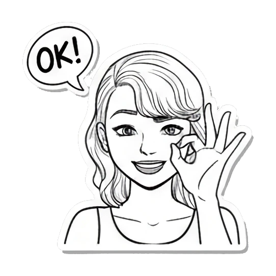 Girl making an OK hand gesture with a happy smile Expressive Line Art Girl sticker for expressive chats and social replies.