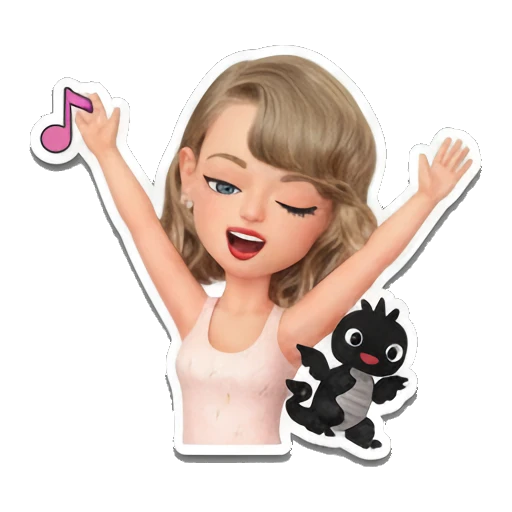 Blonde girl dancing with a black dragon, music notes. Taylor Style 3D Adventures sticker for expressive chats and social replies.