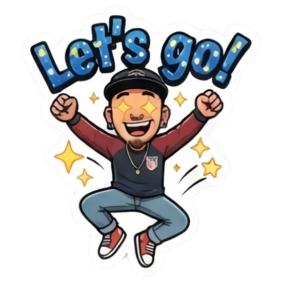 Excited man jumping with joy saying let's go. Cool Guy Daily Vibes sticker for expressive chats and social replies.
