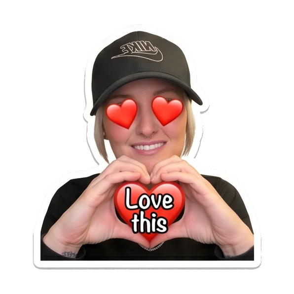 Woman making heart shape with hands, heart eyes, text Love this Cool Girl Daily Vibes sticker for expressive chats and social replies.