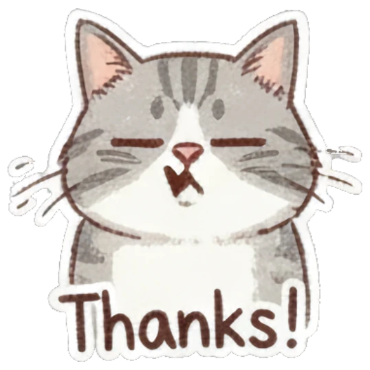 Cat looking satisfied, text Thanks! Fluffy Doodle Cat Expressions sticker for expressive chats and social replies.
