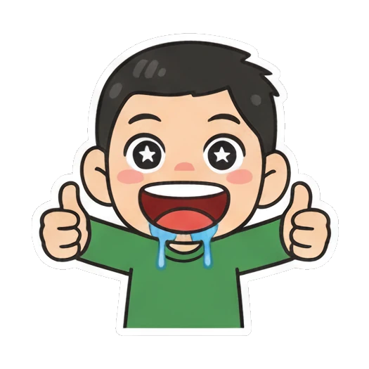 Boy giving double thumbs up with drool Cheerful Green Shirt Boy sticker for expressive chats and social replies.