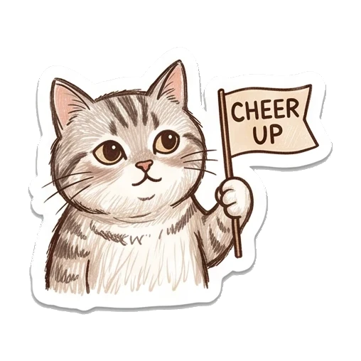 Cat holding a cheer up flag Cozy Tabby Doodle Life sticker for expressive chats and social replies.