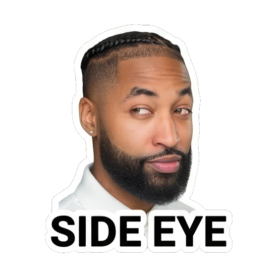 Bearded man giving a suspicious side-eye glance Daily Vibes with Marcus sticker for expressive chats and social replies.