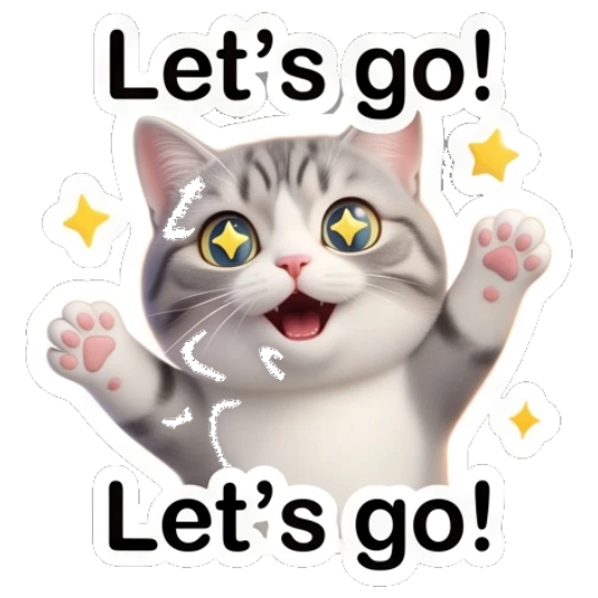 Grey cat waving excitedly with Let's go text Cute Grey Tabby Expressions sticker for expressive chats and social replies.