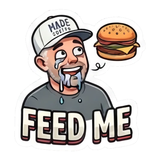 Man drooling while looking at a burger with text FEED ME Coffee Shop Guy Daily Vibes sticker for expressive chats and social replies.