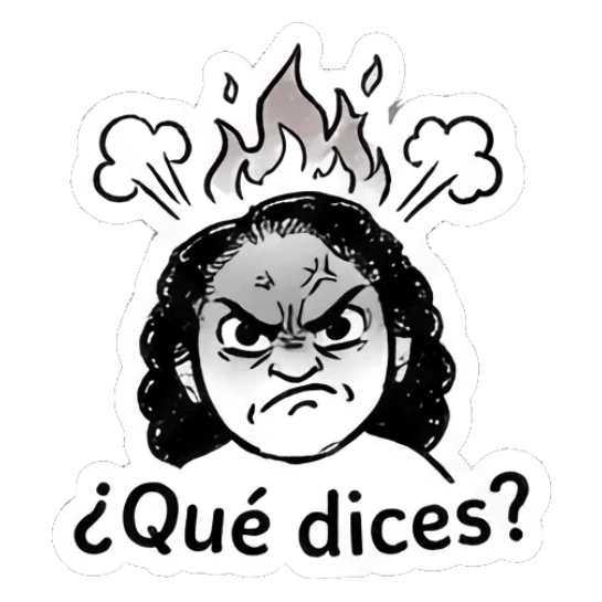 Angry girl with fire above head with '¿Qué dices?' text Curly Hair Girl Daily Vibes sticker for expressive chats and social replies.