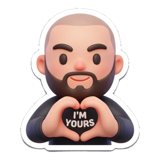 Bearded man making a heart shape with hands, text I'M YOURS Bearded Buddy Expressions sticker for expressive chats and social replies.