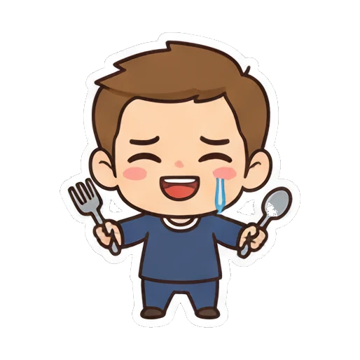 Chibi boy happy holding fork and spoon Cheerful Chibi Boy Daily sticker for expressive chats and social replies.