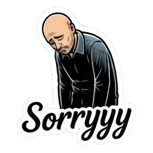 Bald man looking sad and bowing, text says Sorryyy. Bald Guy Daily Vibes sticker for expressive chats and social replies.