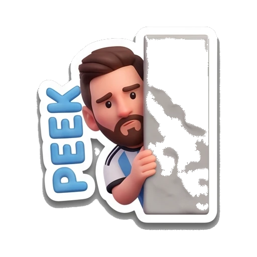 Messi character peeking from behind a wall, text 'PEEK' Messimotes: Pure Emotion sticker for expressive chats and social replies.