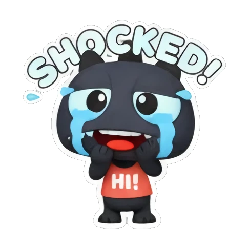 Black monster cries with SHOCKED text. Little Black Monster Moods sticker for expressive chats and social replies.