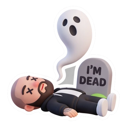Bearded man lying dead with ghost soul, text I'M DEAD Bearded Guy Daily Vibes sticker for expressive chats and social replies.