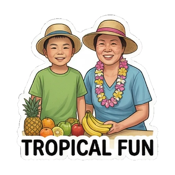 母子享受热带水果 Mom & Son's Summer Fun sticker for expressive chats and social replies.