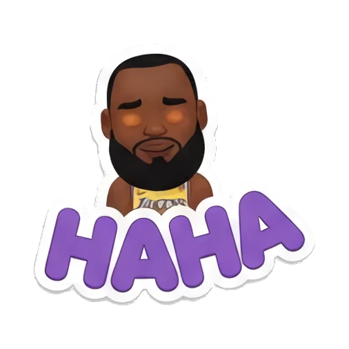 詹姆斯大笑，表情夸张，下方有紫色HAHA文字 King James Court Vibes sticker for expressive chats and social replies.