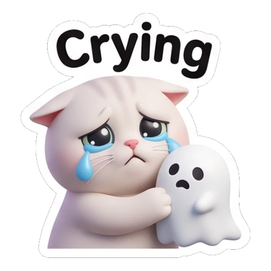 White cat crying and holding a small ghost figure saying Crying. Whimsical White Cat Adventures sticker for expressive chats and social replies.