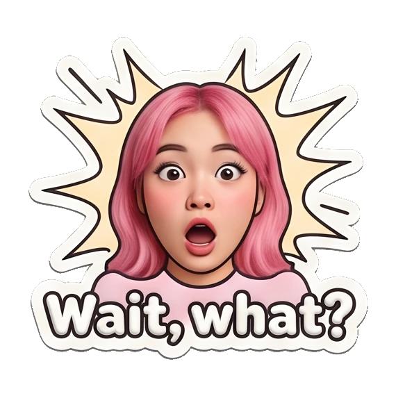 Shocked girl with wide eyes and open mouth saying Wait what. Pink Hair Girl Daily Vibes sticker for expressive chats and social replies.