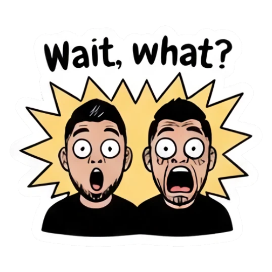 Twin brothers looking shocked with 'Wait, what?' text. Twin Brothers Daily Vibe sticker for expressive chats and social replies.