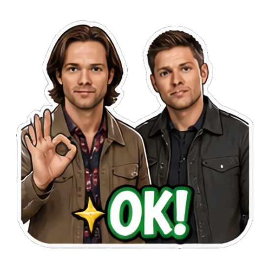 Two men making OK signs with confident smiles, text 'OK!' Supernatural Duo Vibes sticker for expressive chats and social replies.