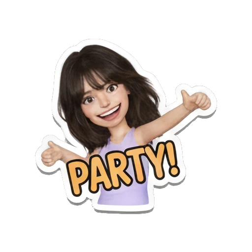 Girl dancing with arms up, happy expression, text 'PARTY!' Music Festival Girl sticker for expressive chats and social replies.