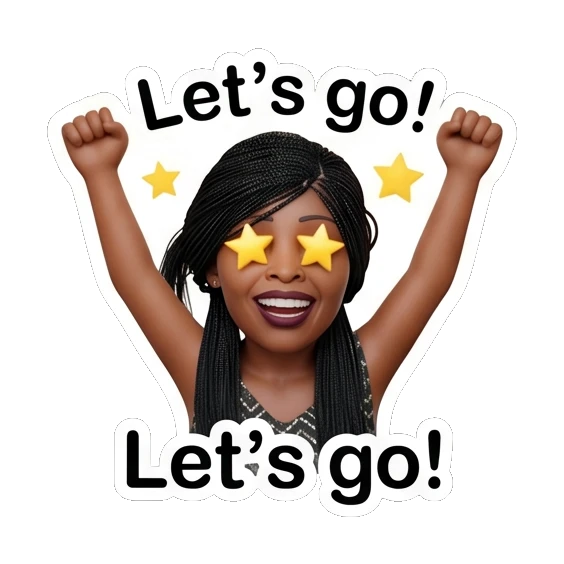 Woman cheering with arms raised and star eyes, text Let's go! Chic Afro-Textured Daily Expressions sticker for expressive chats and social replies.