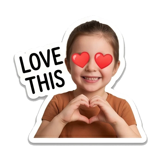 Young girl making a heart shape with her hands and heart eyes. Little Girl Daily Expressions sticker for expressive chats and social replies.