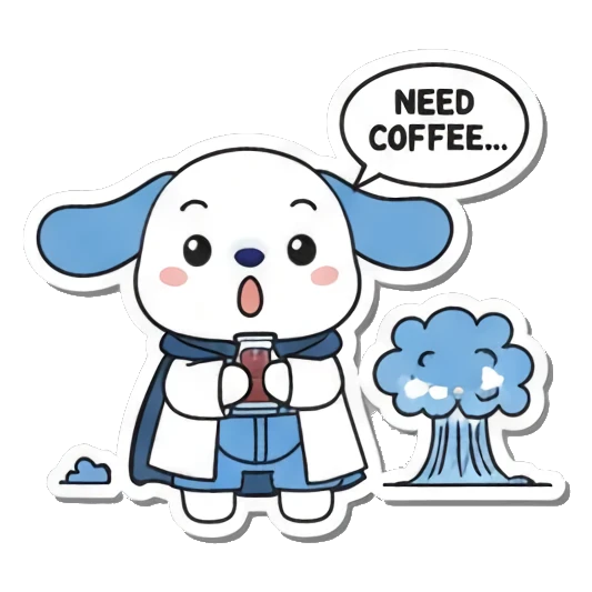 Puppy drinking coffee with NEED COFFEE Little Scientist Puppy sticker for expressive chats and social replies.