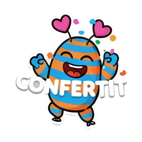 Monster throwing confetti, celebratory expression, text CONFETTI. Mood Monsters sticker for expressive chats and social replies.