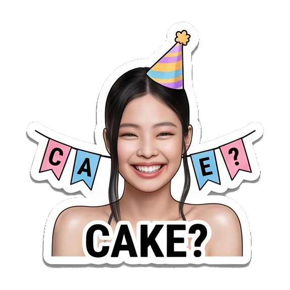 Young woman wearing party hat, smiling, text CAKE? Jennie Birthday Party Vibes sticker for expressive chats and social replies.