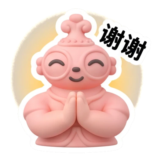 Pink Buddha praying with '谢谢' text Zen Buddy Clay Friends sticker for expressive chats and social replies.