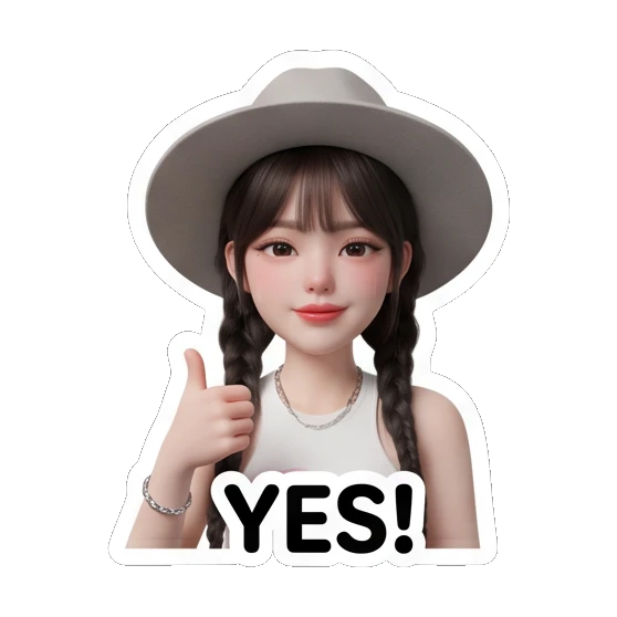 Girl with hat giving thumbs up, text YES! Chic Hat Girl Expressions sticker for expressive chats and social replies.