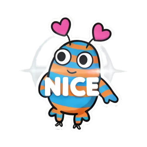 Monster posing with a sparkle effect, proud expression, text NICE. Mood Monsters sticker for expressive chats and social replies.