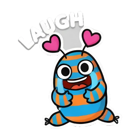 Monster laughing while crying, mixed emotions, text LAUGH CRY. Mood Monsters sticker for expressive chats and social replies.