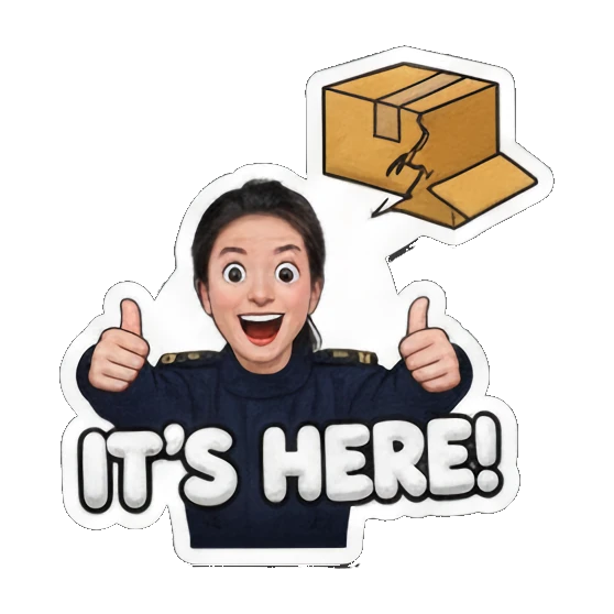 Woman excited, giving thumbs up, saying "IT'S HERE!". Delivery Dispatcher's Diary sticker for expressive chats and social replies.