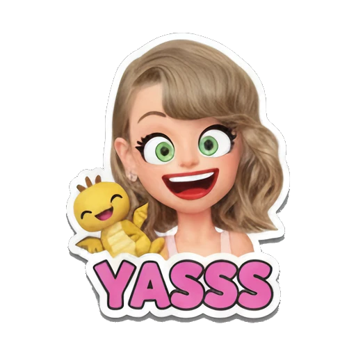 Blonde girl laughing with a yellow dragon, YASSS text. Taylor Style 3D Adventures sticker for expressive chats and social replies.