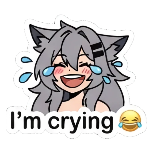 Wolf girl crying tears of joy with a laughing expression Grey Wolf Girl Daily Life sticker for expressive chats and social replies.