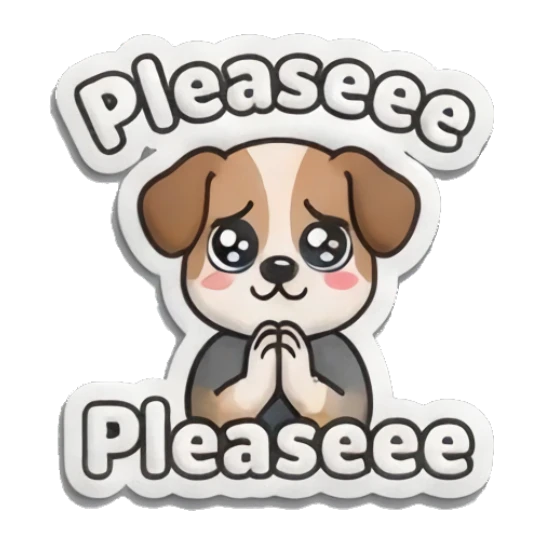 Puppy dog eyes boy begging with text Pleaseee Puffy Boy Daily Vibes sticker for expressive chats and social replies.