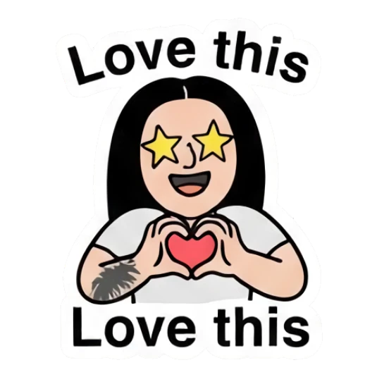 Happy girl making a heart shape with hands saying Love this. Cool Girl Daily Vibes sticker for expressive chats and social replies.